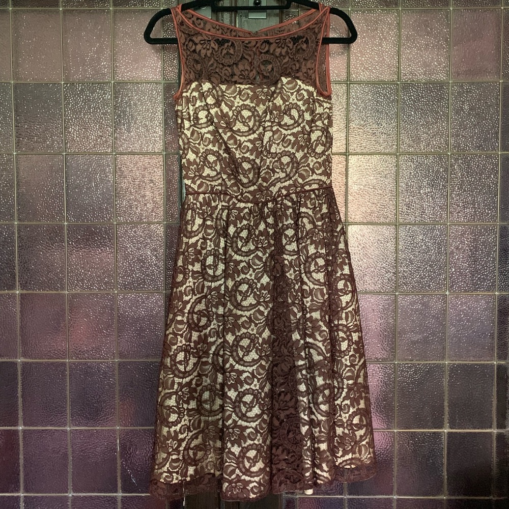 1950s Brown & Cream Vintage Lace Cocktail Dress